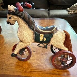 Decorative Wooden Horse on Wheels - Brown and Red